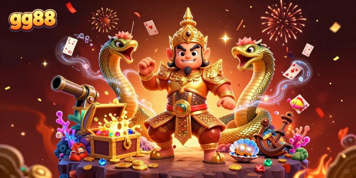 Experience the excitement of gg88 with the vibrant 3D illustration showcasing casino themes, treasure, and festive elements.
