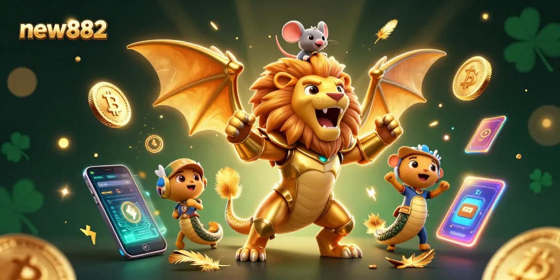 Experience thrilling gameplay at new882 with dazzling golden chimera and crypto treasures amidst vibrant, casino-themed elements.