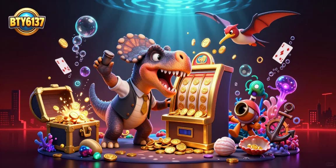 BTY6137 celebrates casino chaos with a pachycephalosaurus, jackpot slots, and swirling gold coins.