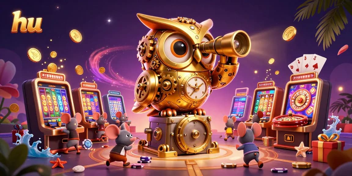 Engage with the casino magic at hu featuring a golden owl scanning colorful slots and energetic gameplay.