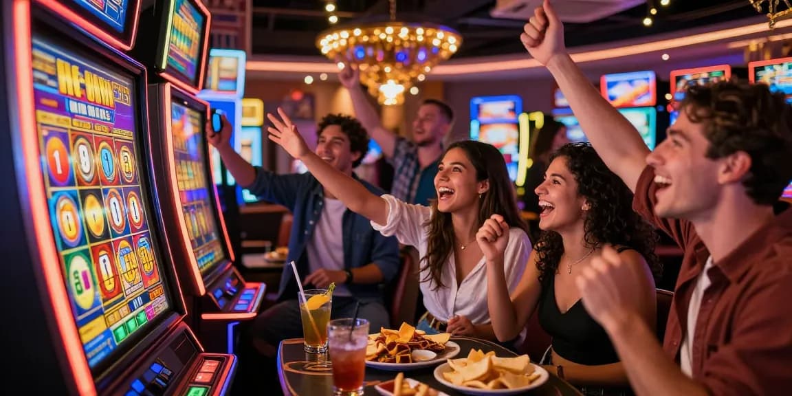 Excited group celebrating a slot jackpot win at a casino, vibrant lights and festive atmosphere.