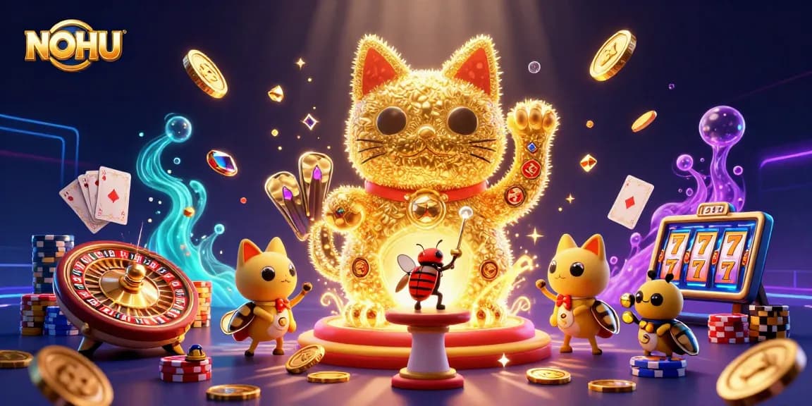 Experience the thrill of NOHU with a captivating lucky cat illustration amidst casino excitement.