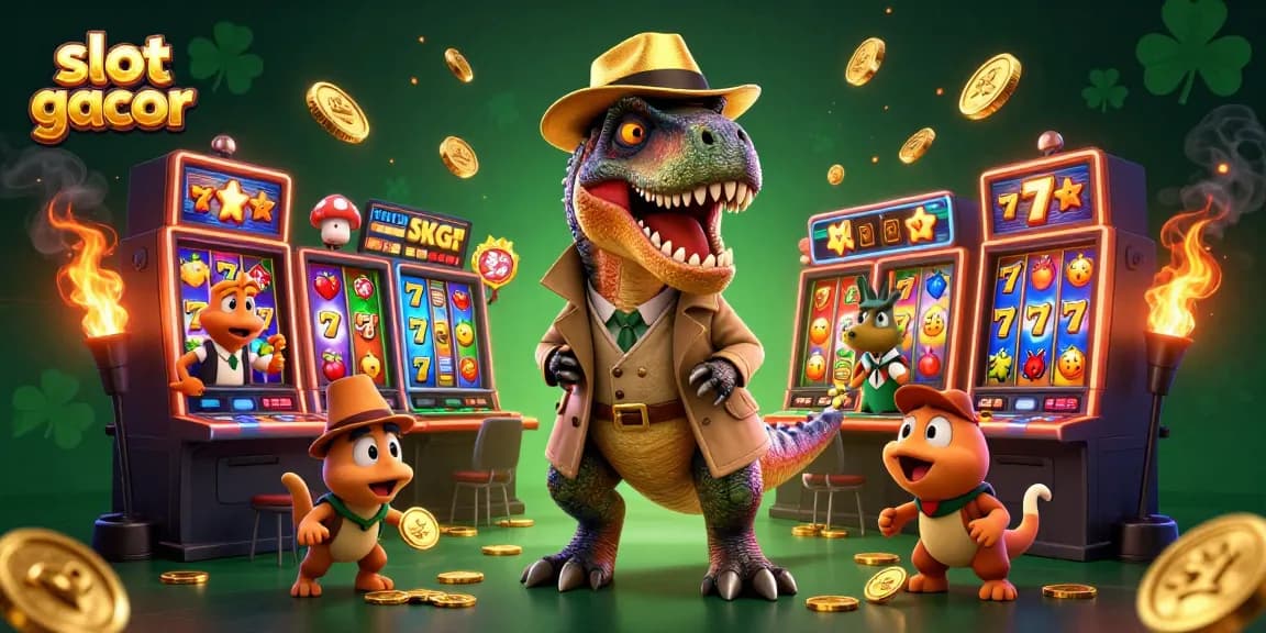 Experience the fun of slot gacor with vibrant characters in a bustling casino scene featuring thrilling slot machines.