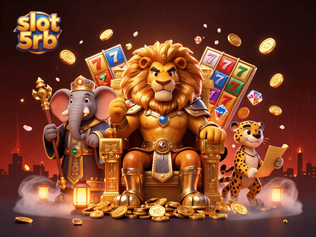 Win big with slot 5rb in this vibrant casino scene featuring a lion king and lucky symbols.