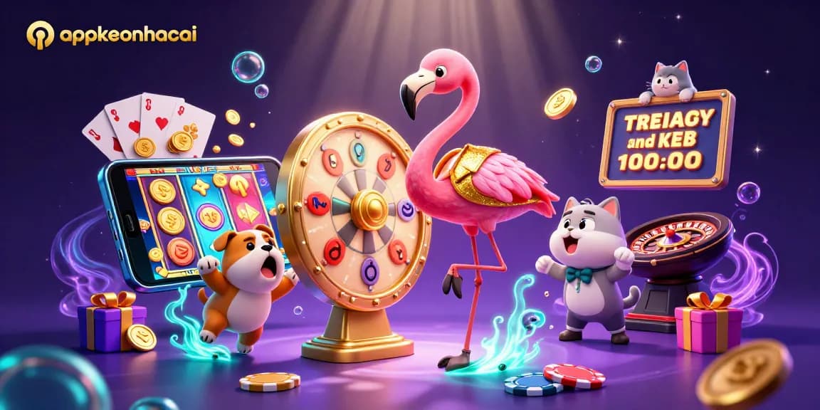 Experience thrilling gaming with appkeonhacai's colorful scene of excitement and prizes featuring slot games and cheerful characters.