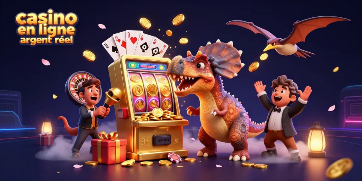 Observez un pachycéphalosaur qui frappe une machine à sous dorée pour gagner des pièces, illustrant le monde fascinant du casino en ligne argent réel.