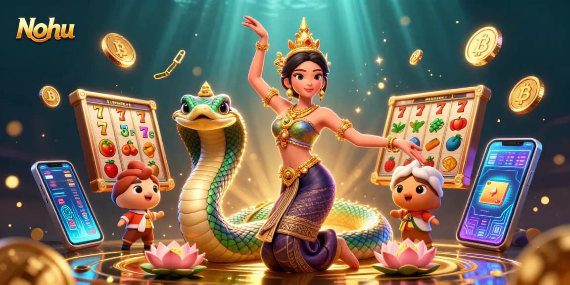 Engage with Nohu's vibrant slots scene, showcasing jackpots and luck in a rich 3D digital illustration.