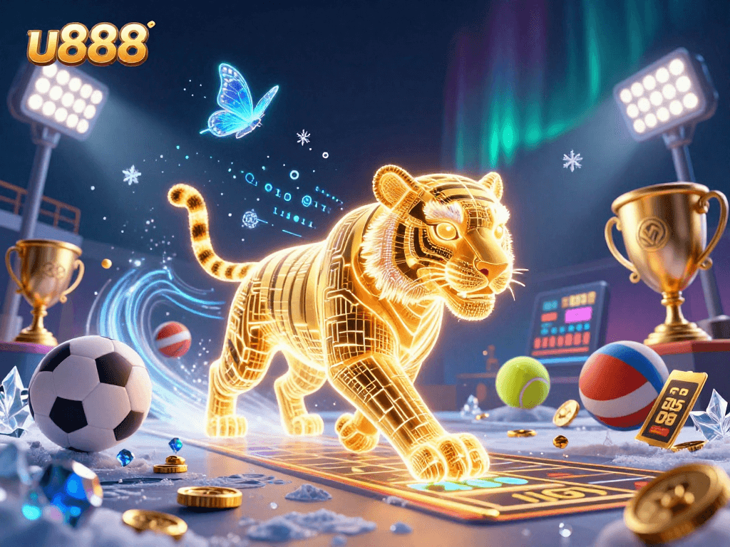 Experience thrilling gaming at u888, where a golden tiger prowls through a vibrant digital casino landscape.