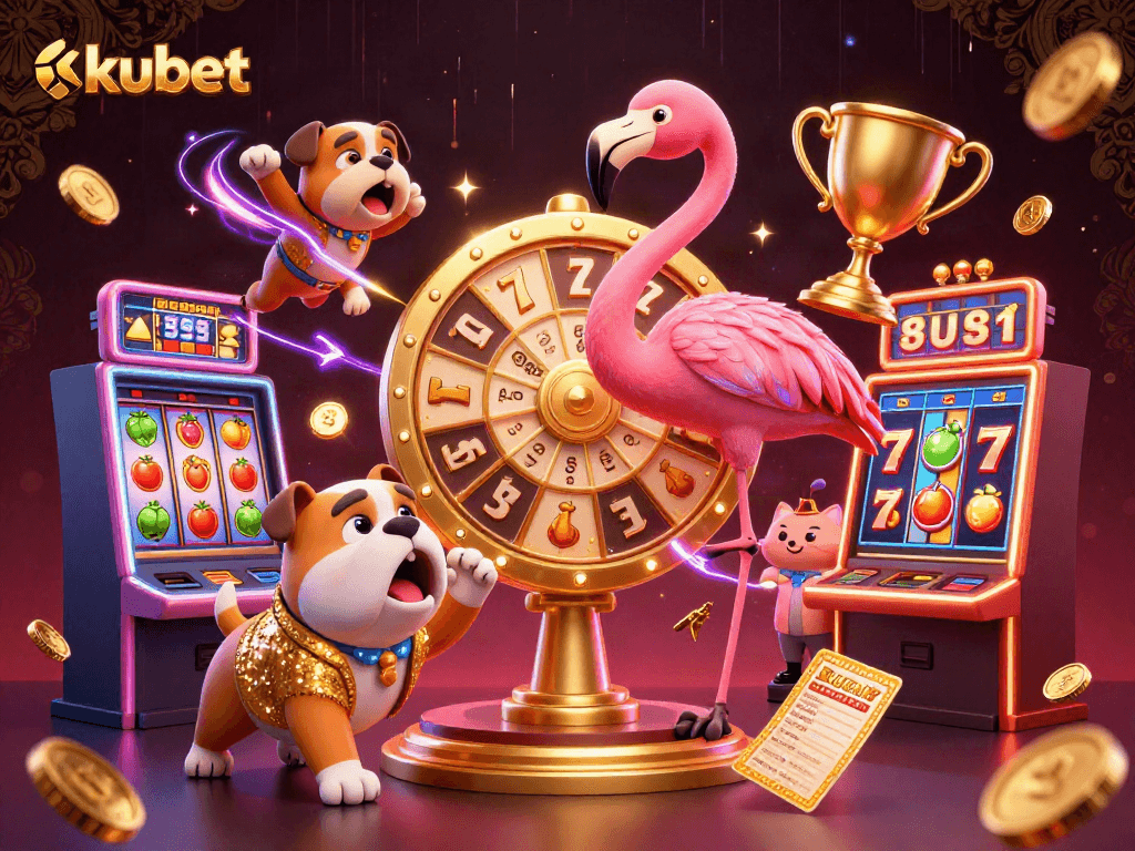 Engage in vibrant kubet casino gaming with a lively illustration of a game show host and excited bulldog.