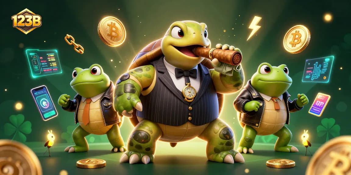 Experience 123B's thrilling atmosphere with a cartoon snapping turtle and bullfrog enforcers in a vibrant casino setting.