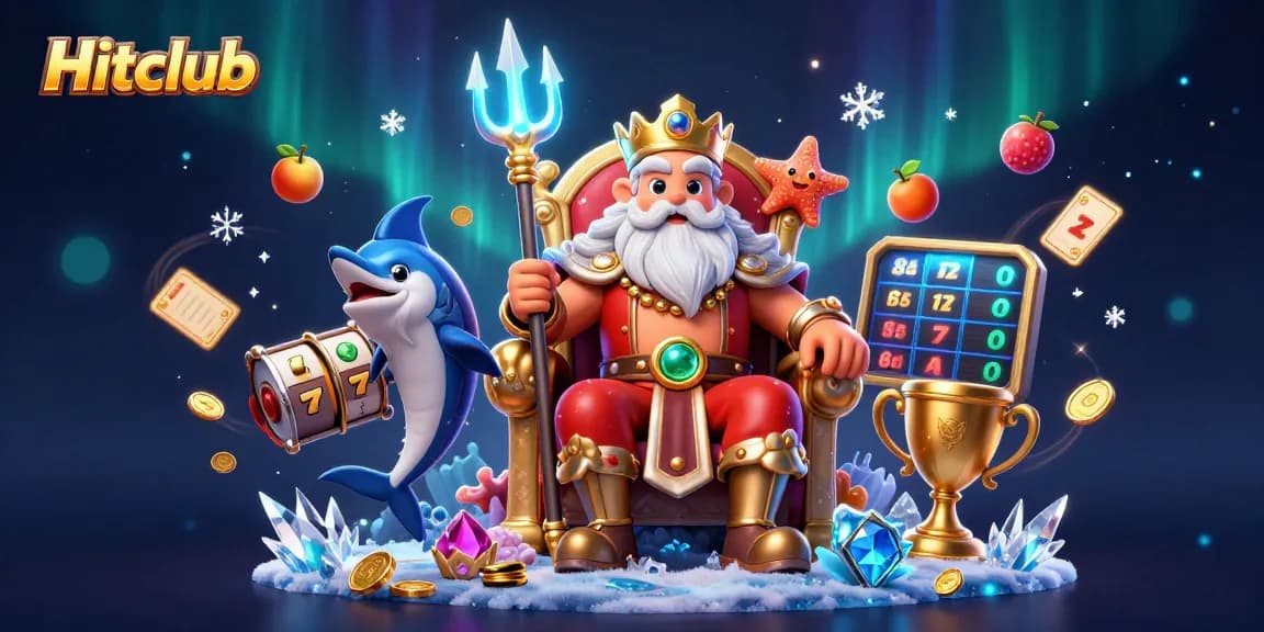 Hitclub showcases vibrant slot gaming action with a whimsical Neptune, dynamic game elements, and rich casino atmosphere.