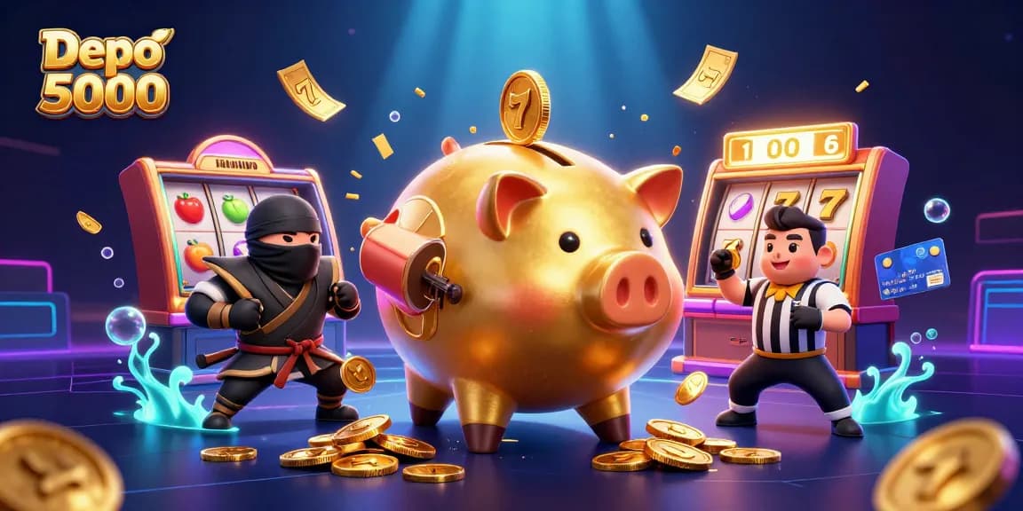 Mainkan Depo 5000 dengan keseruan dalam ilustrasi mesin slot dan simbol keberuntungan.