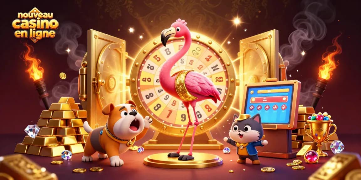 Nouveau casino en ligne : la scène animée avec un flamant rose en présentateur, un bulldog excité, et un chat révélant des prix tout en s'entourant de trésors étincelants.