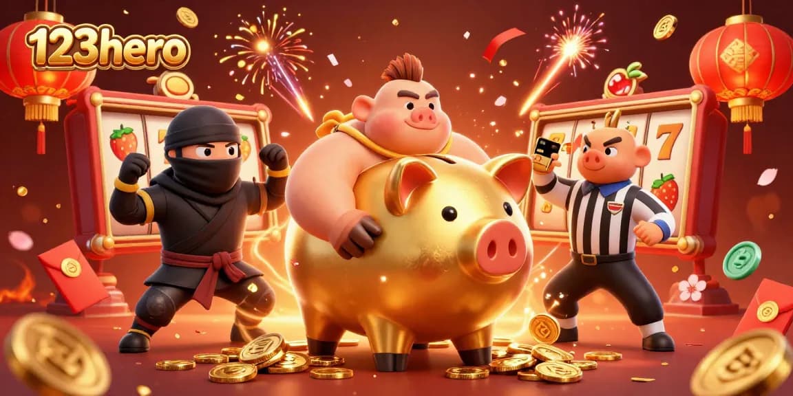 Engage with thrilling moments at 123hero as a golden piggy bank sumo wrestler stirs up a jackpot celebration!