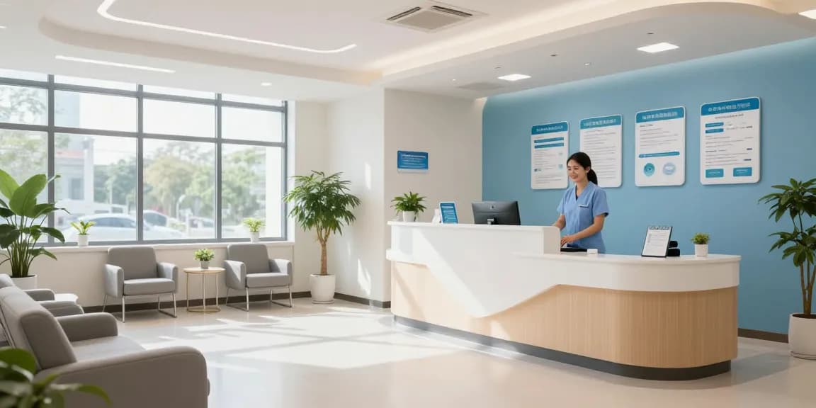 Affordable self-employed health insurance options available in a healthcare clinic, showcasing patient care and consulting professionals.