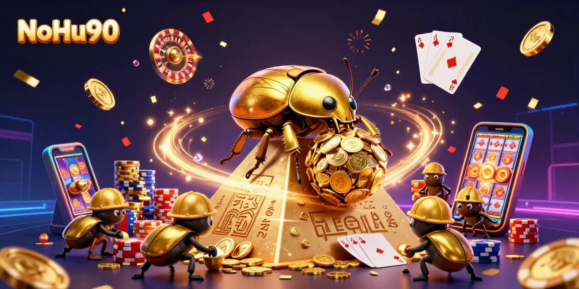 Join NoHu90's exciting casino world where golden coins and vibrant game elements fill the scene.