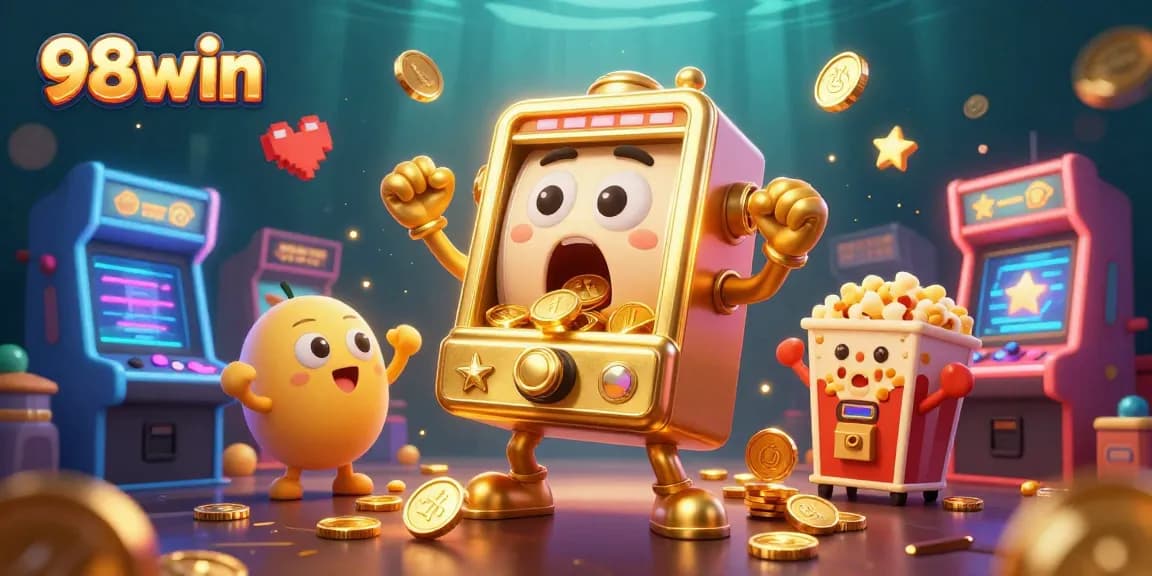 Experience thrilling wins at 98win with a vibrant jackpot celebration scene featuring slot machines and arcade games.