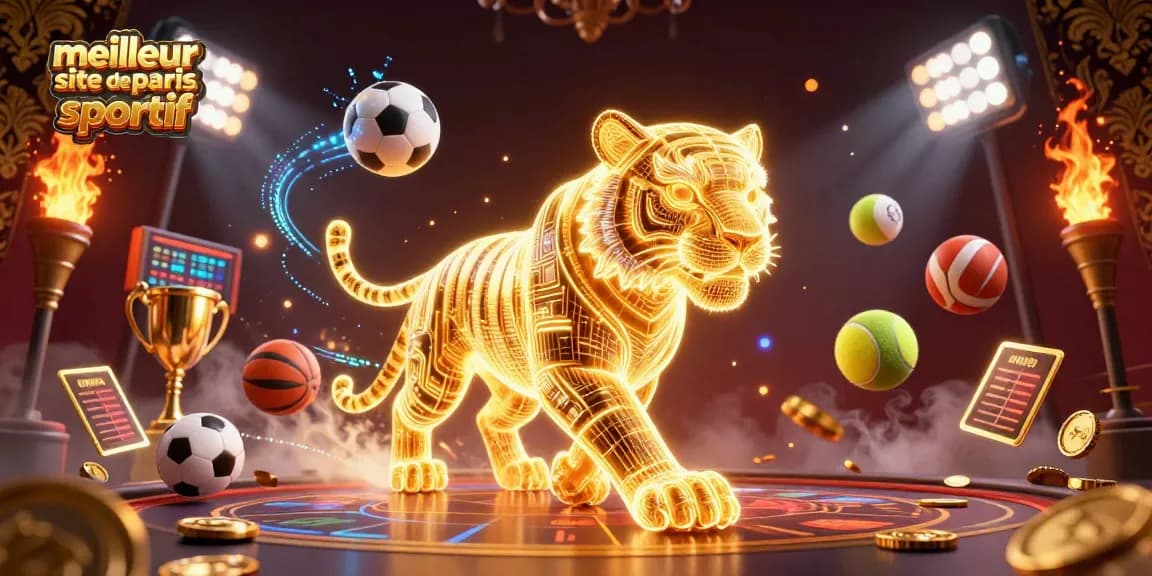 Meilleur site de paris sportif aux jeux dynamiques avec un tigre lumineux et des ballons de sport.