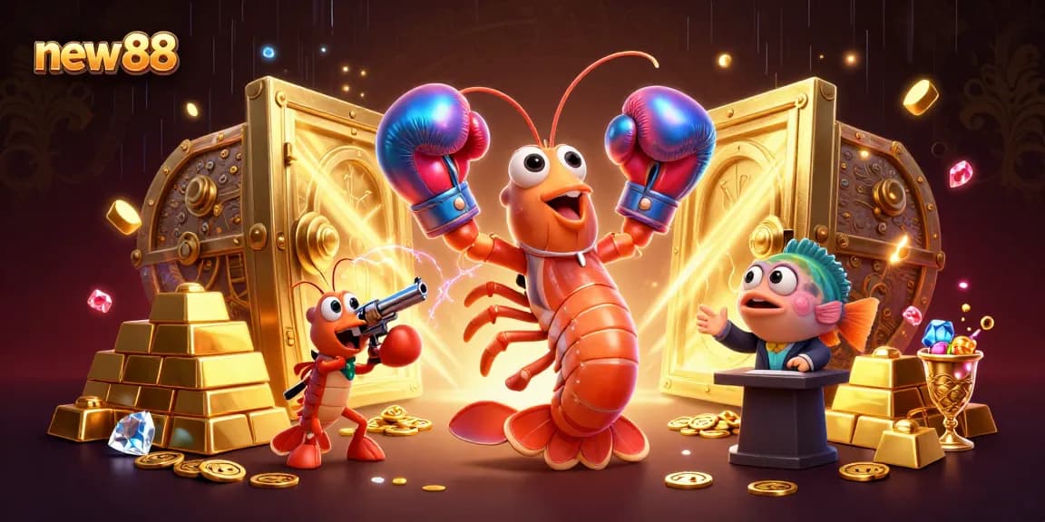 Experience new88 in an exciting casino scene with colorful characters and dynamic treasure elements.
