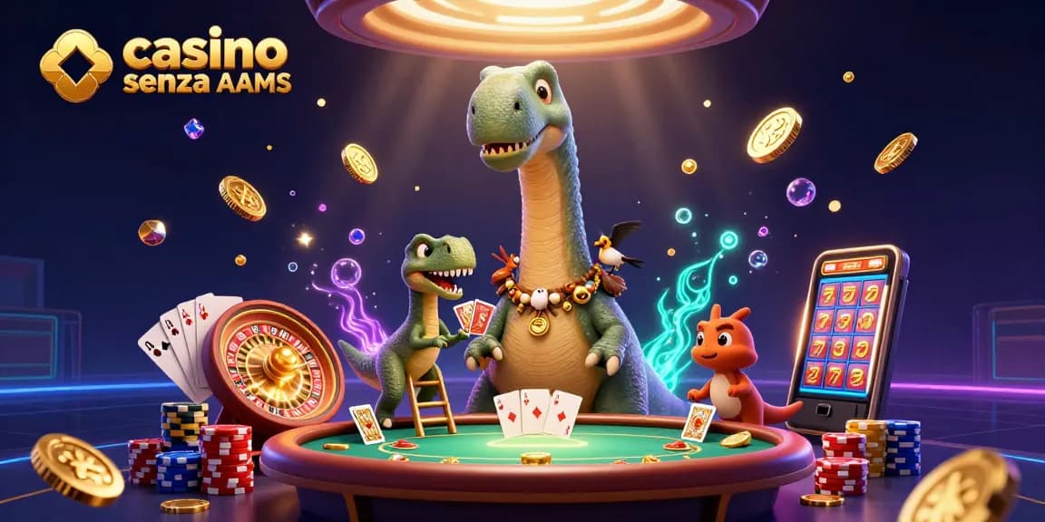 Gioca nei casino senza AAMS mentre un brontosauro osserva dall'alto con un raptor che distribuisce carte.