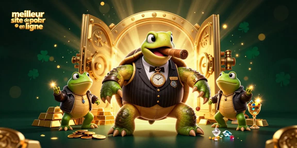 Le meilleur site de poker en ligne avec une tortue en costume et des grenouilles dans une scène casino animée.