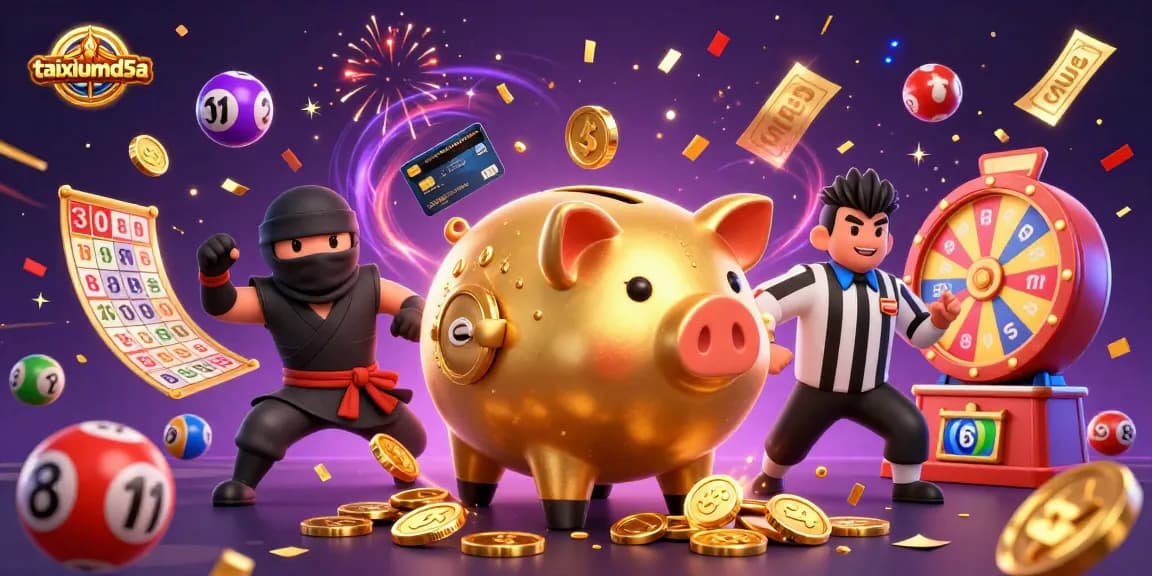 Experience excitement with taixiumd5a's golden piggy bank sumo wrestler amidst a vibrant gaming scene.