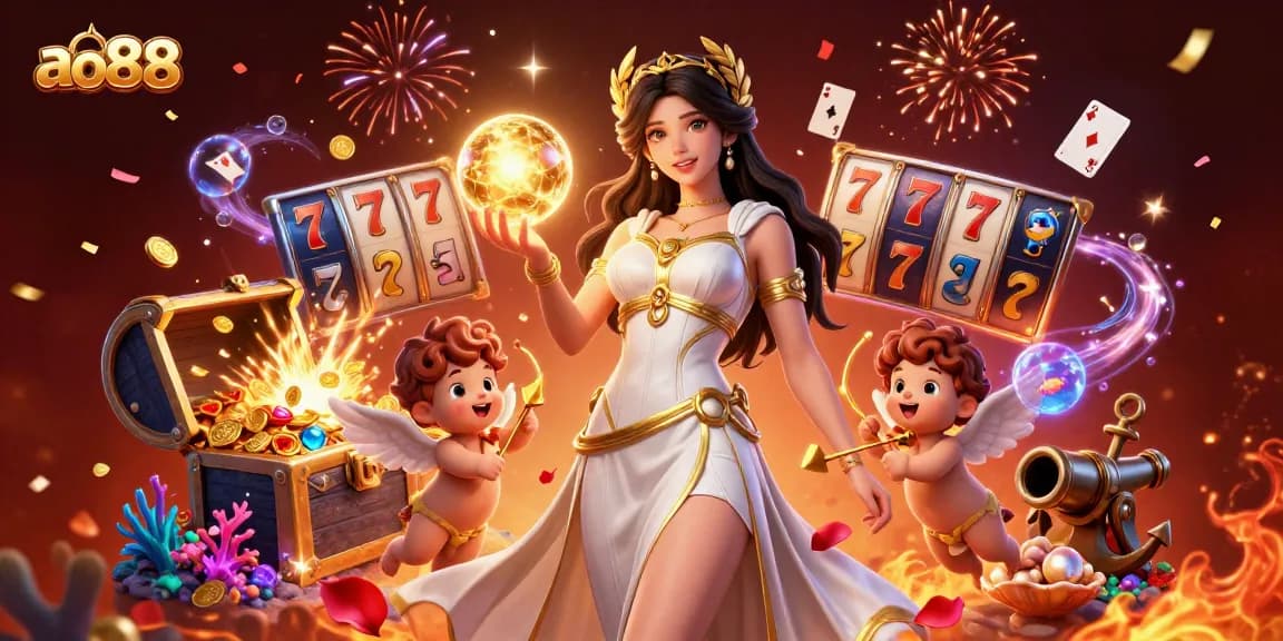 Win big with ao88 in a vibrant casino scene featuring a Grecian goddess and cherubs.