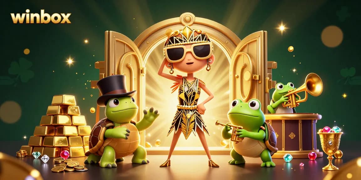 Winbox features a vibrant 3D casino scene with unique characters and gold-rich atmosphere.