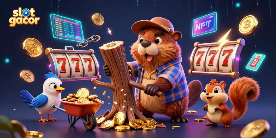 Slot gacor scene featuring a lumberjack beaver collecting coins amidst jackpot reels and glowing crypto coins.