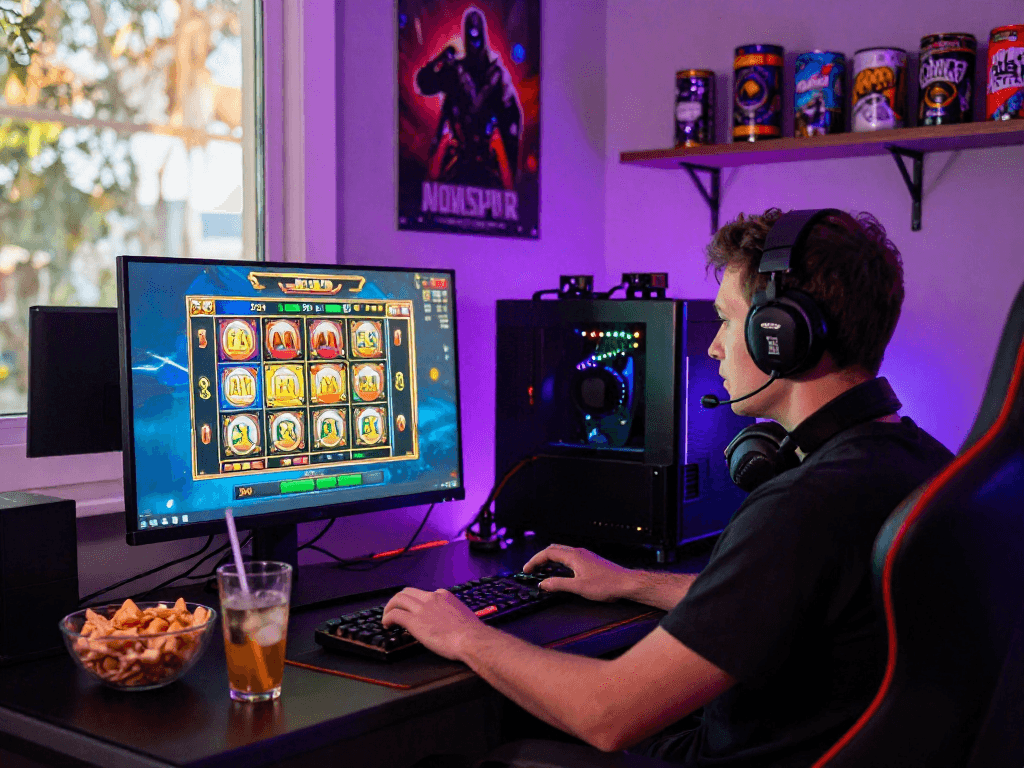 Gamer excitedly playing a slot jackpot game in a vibrant, immersive setup with snacks and LED lights.