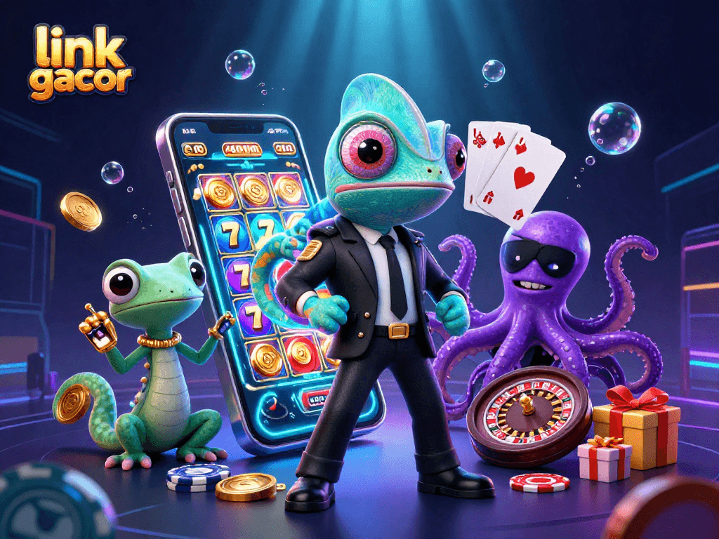 Experience the excitement of link slot gacor with a colorful 3D casino illustration showcasing vibrant slot game elements.