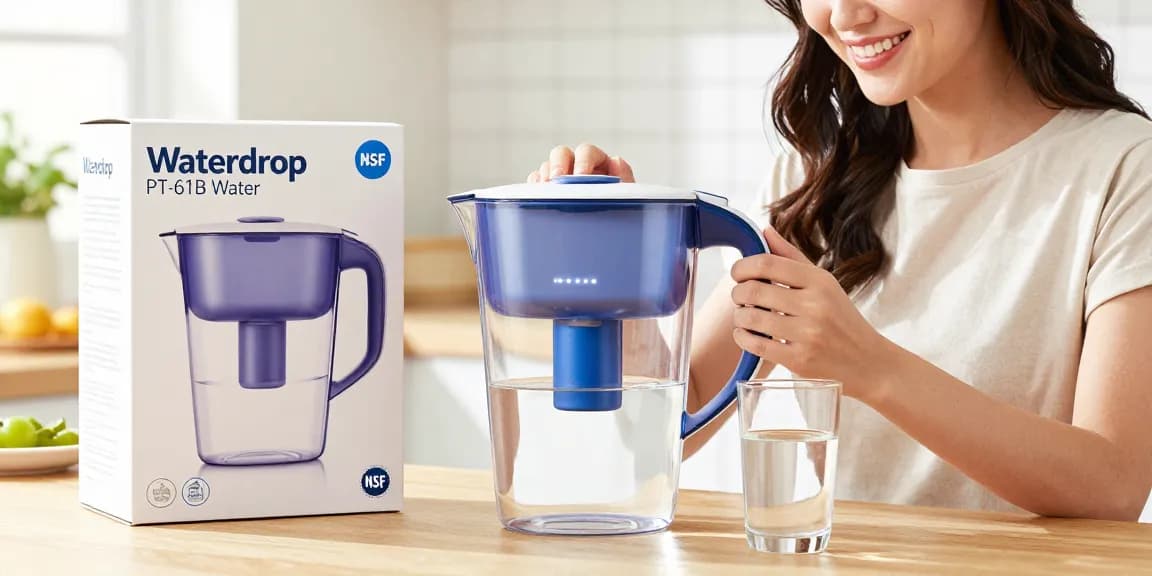 The Waterdrop PT-61B Water Filter Pitcher showcased in an unboxing scene, perfect for online shopping reviews, e-commerce platforms, and buyer's guides.