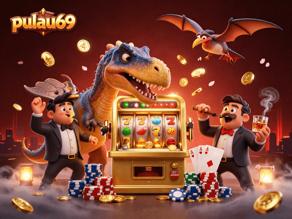 Pulau69 showcases a casino scene with a pachycephalosaurus celebrating a jackpot at a golden slot machine amid flying coins.