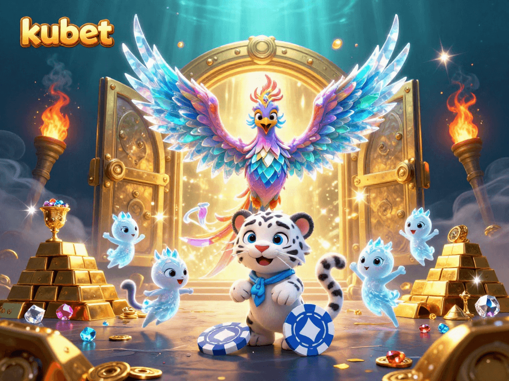kubet showcases a vibrant scene with an ice phoenix and a snow leopard cub in a dazzling casino backdrop.