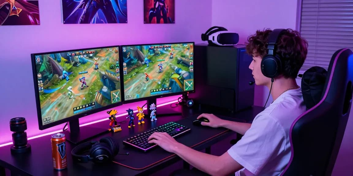 Engaging gaming setup featuring a vibrant dual monitor display and exciting multiplayer action around the link slot.