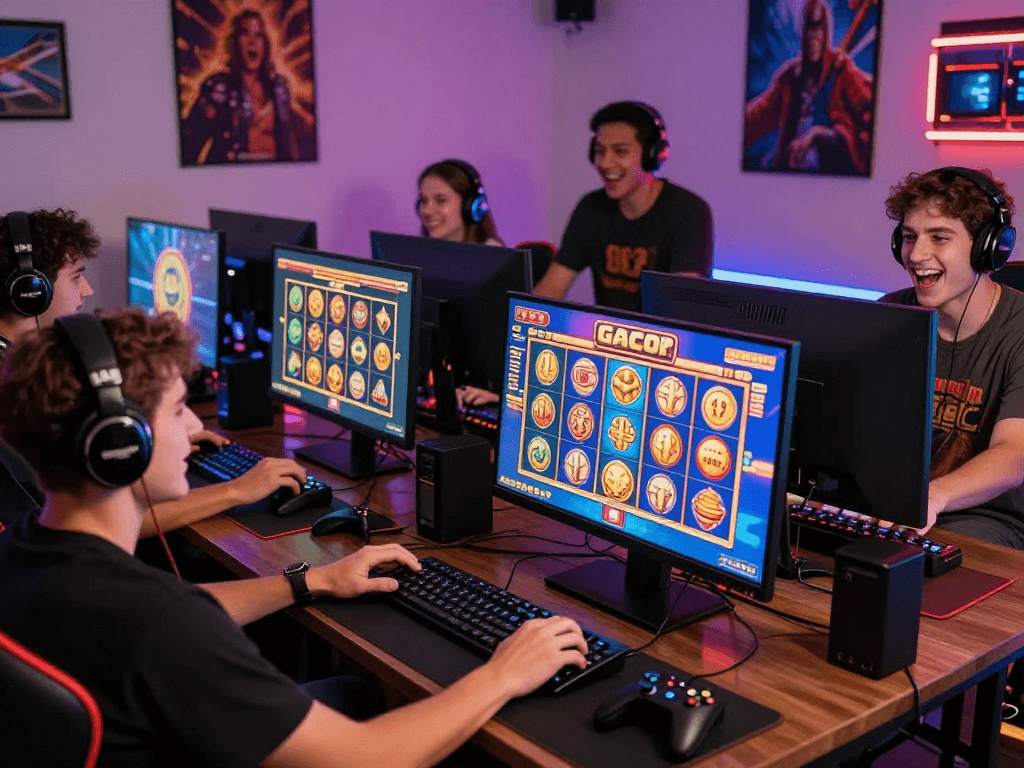 Exciting gaming moment with friends showcasing gacor slots in a lively atmosphere.