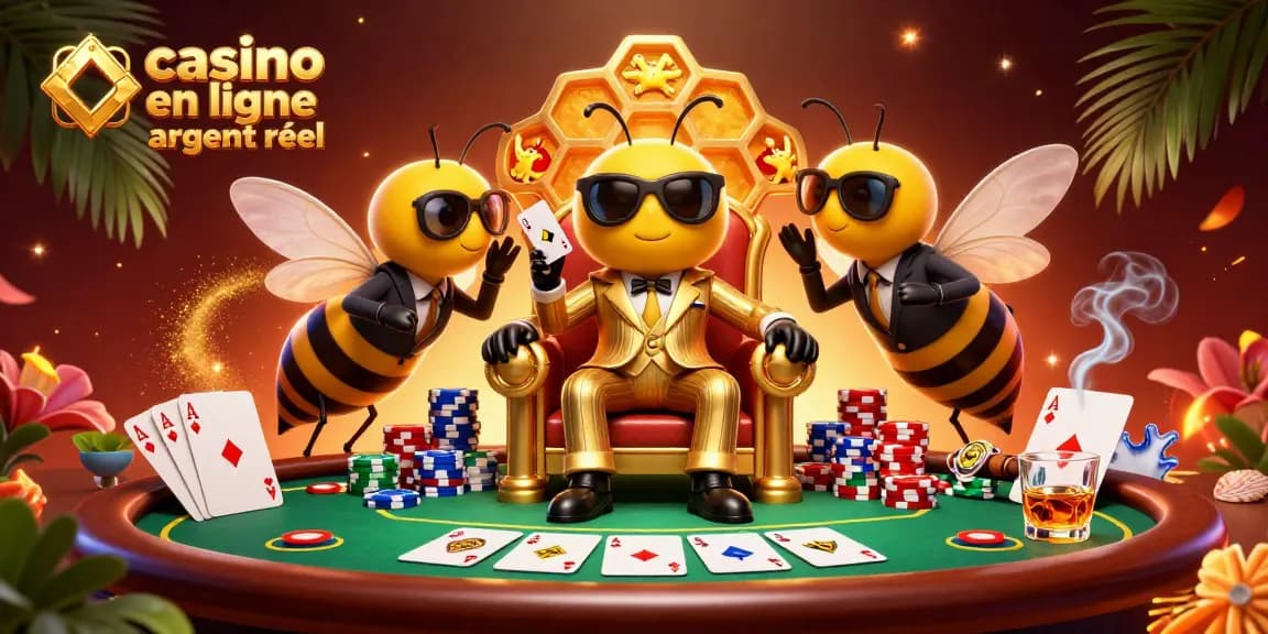 Casino en ligne argent réel avec un patron abeille à la table de poker entouré de sécurité et d'informatrice.