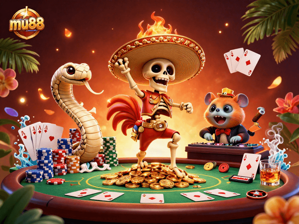 Experience the excitement of mu88 with a vibrant casino scene featuring dynamic characters and poker elements.