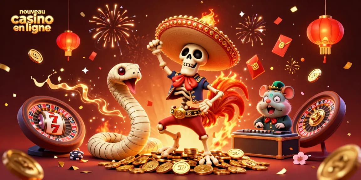 Image d'un nouveau casino en ligne, avec un rooster mariachi et une ambiance festive de jeu.