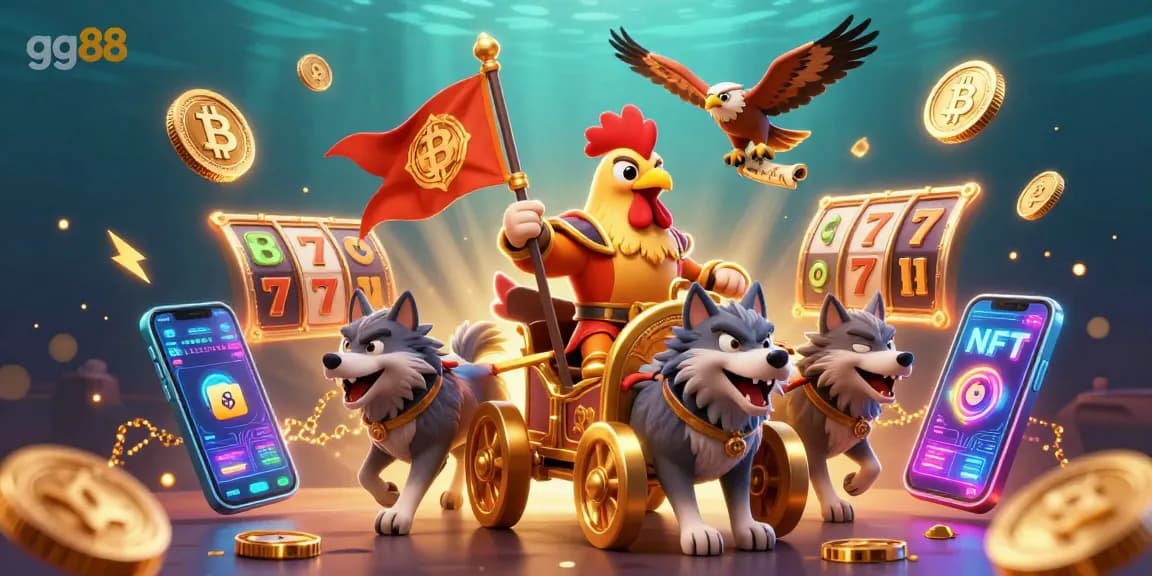 Engage with gg88 at the thrilling online casino featuring a rooster warlord, golden chariot, and vibrant 3D gaming elements.