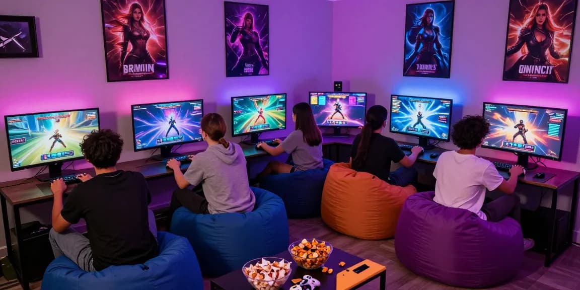 Friends enjoying interactive porn games in a vibrant gaming setup.