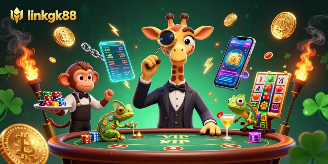 Experience thrilling gaming with linkgk88, featuring vibrant characters and neon crypto elements in a lively casino scene.