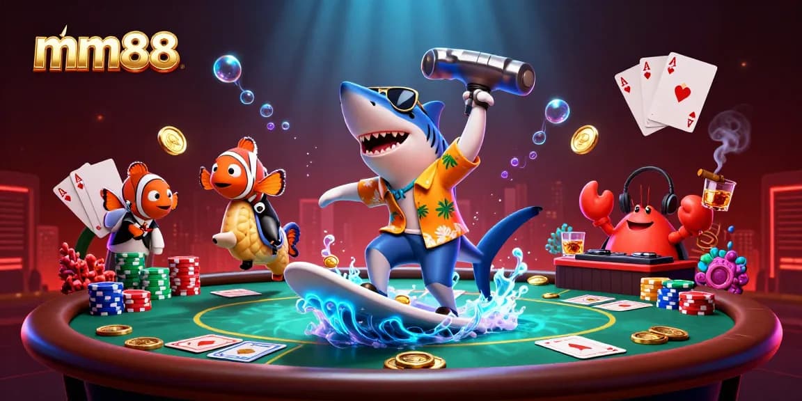 Experience thrilling casino action with mm88 in a vibrant underwater scene featuring animated characters and card games.