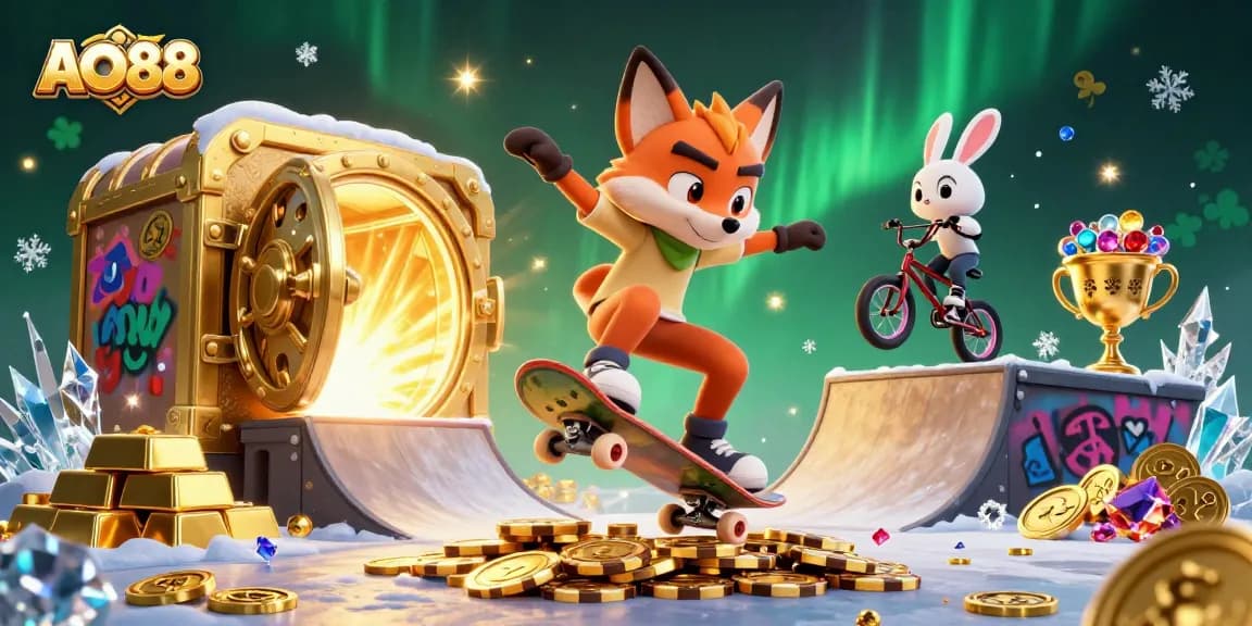 Engage with AO88 through a vibrant 3D gaming illustration showcasing a skateboarder fox and BMX rabbit amid casino riches.