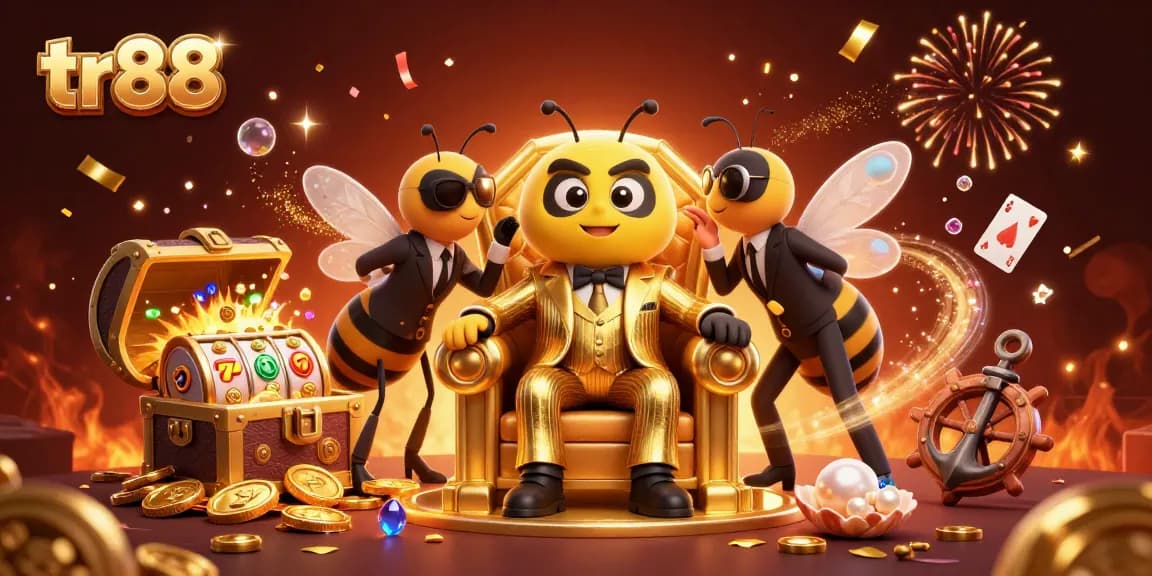 tr88 showcases a vibrant 3D casino scene featuring a mob boss bumblebee amidst slot machines and treasures.