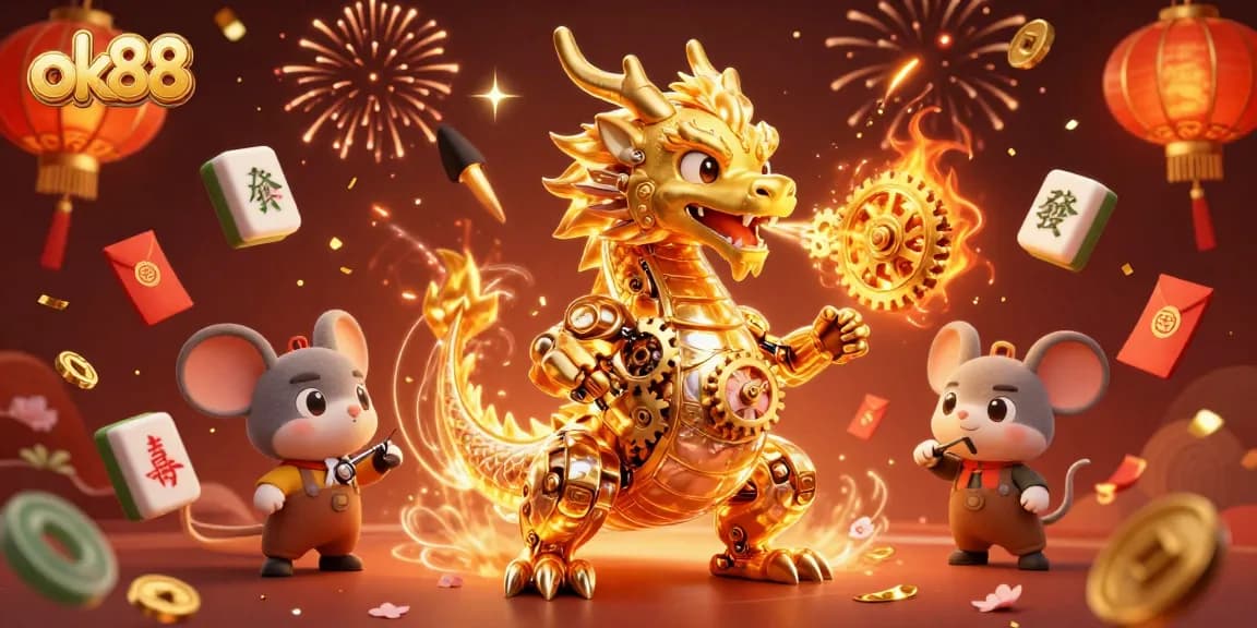 ok88 engages gamblers with a vibrant 3D scene featuring a golden dragon and festive casino elements.