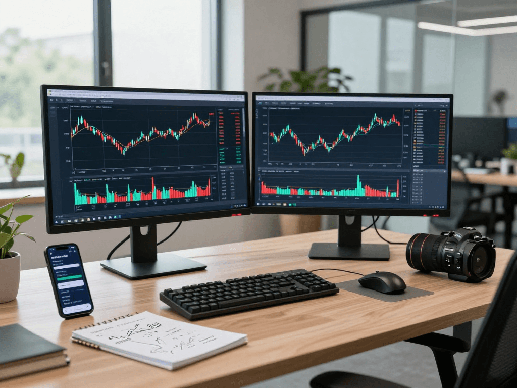 Developer exploring wheat historical Kline API trends on multiple monitors in a modern workspace