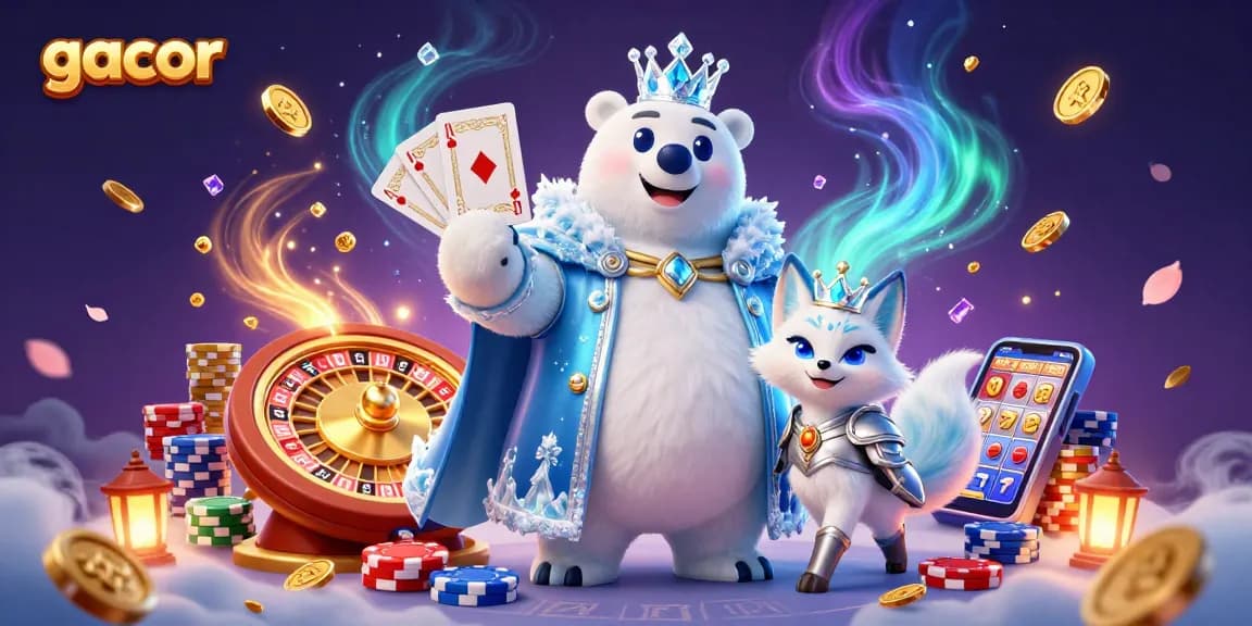 Action-packed scene illustrating gacor slots featuring a polar bear king and snow fox amidst casino elements.