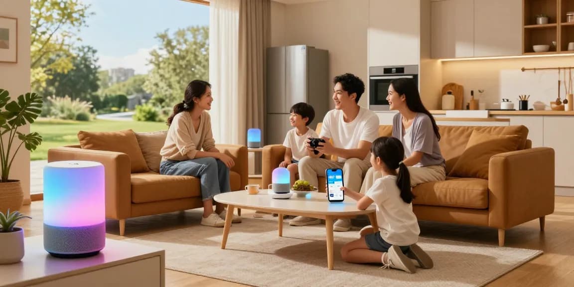 Family enjoying smart home gadgets in a contemporary living room, showcasing smart lighting and voice control features.
