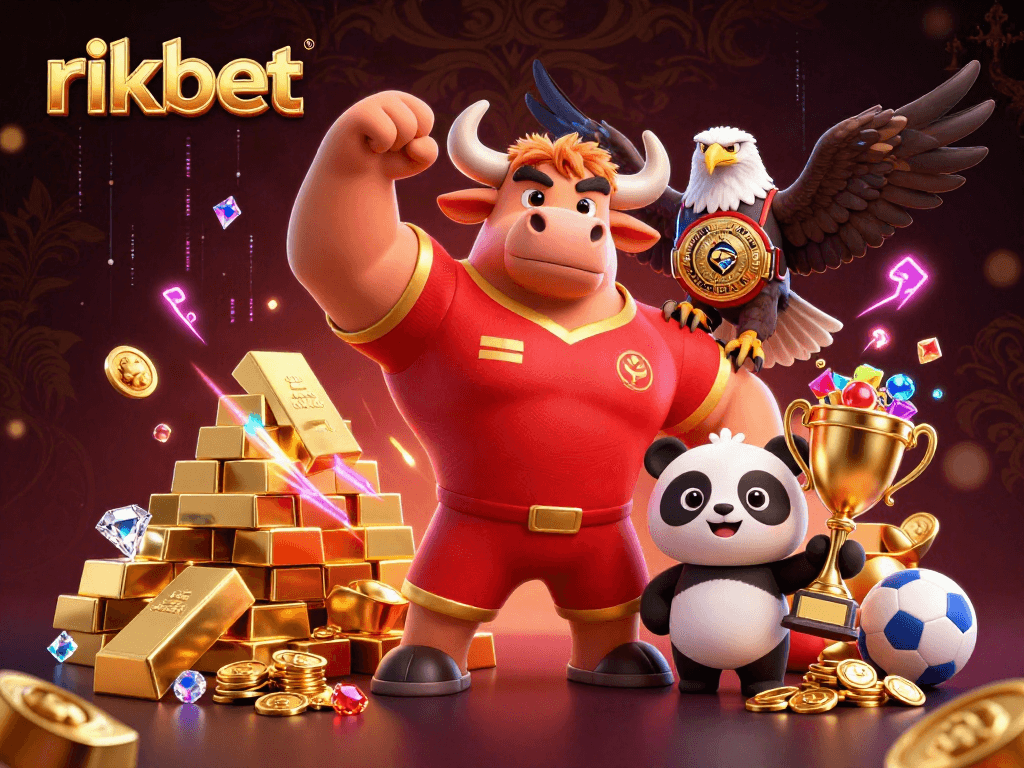 Win big with rikbet featuring a victorious bull mascot and sports betting elements in a dynamic scene.